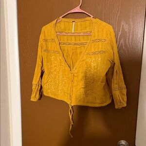 Free People Mustard Embroidered Blouse